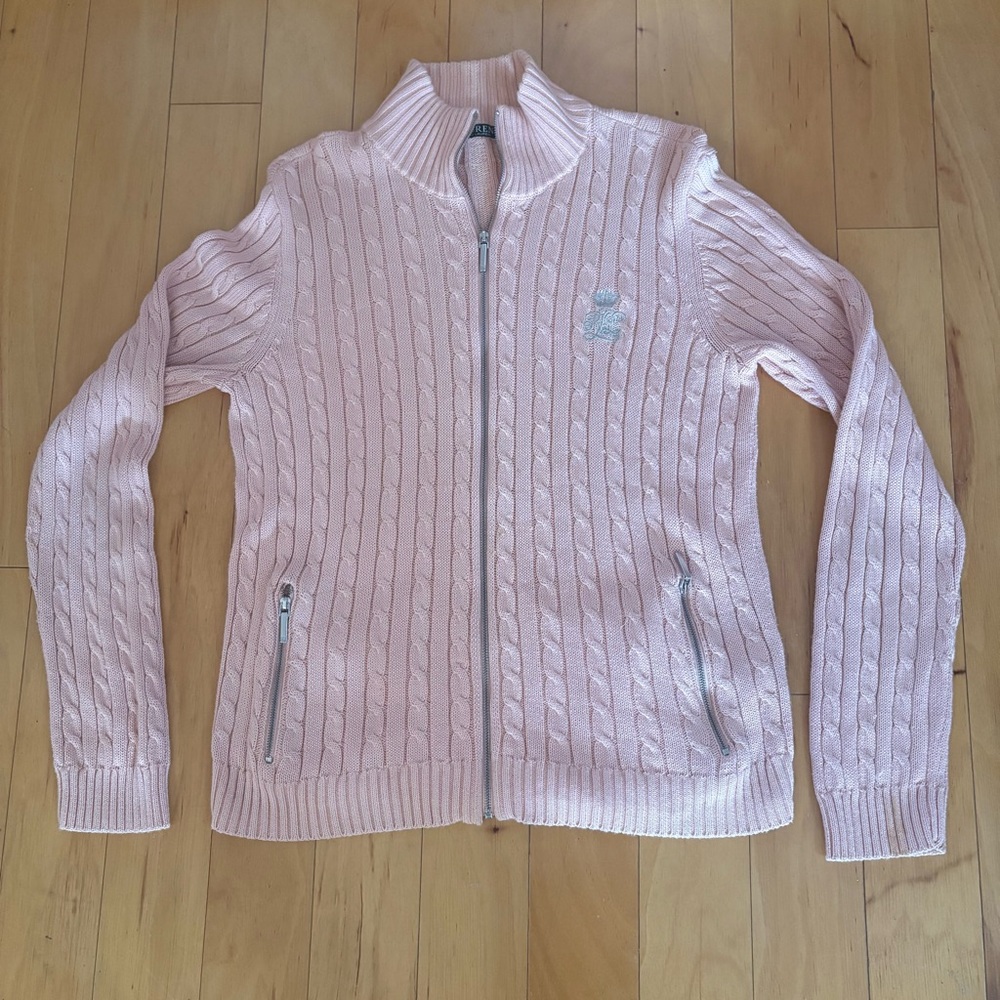 Lauren Ralph Lauren Pink Cable Knit Full Zip Sweater Silver Crest Logo Sz M - Picture 2 of 11
